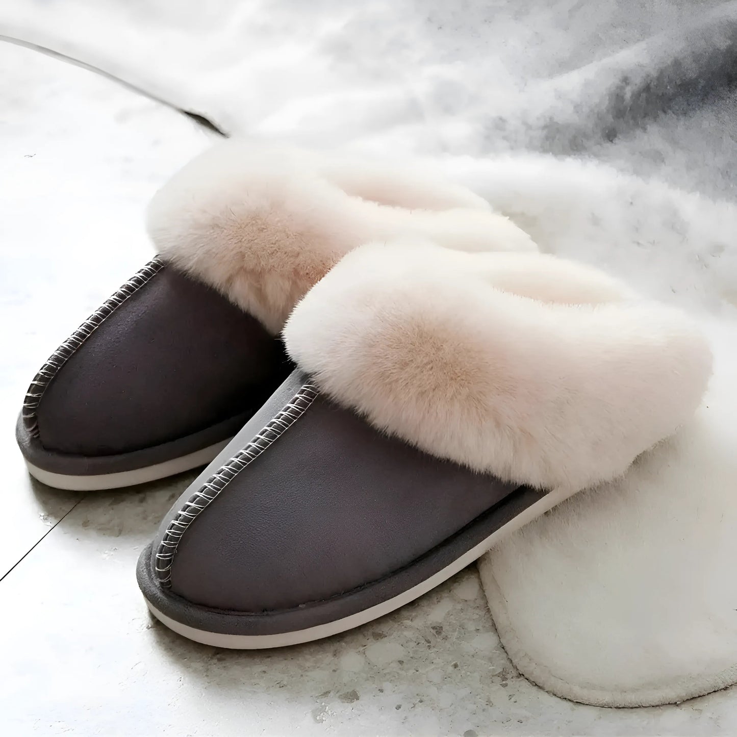 Grey Faux Fur Slippers