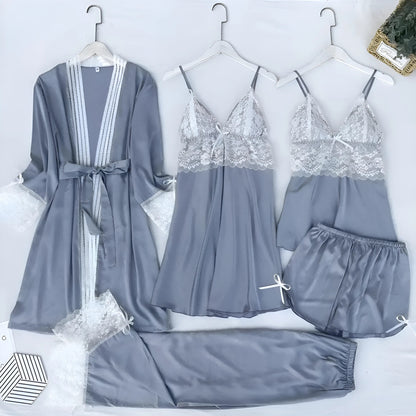 Grey Five-Piece Satin Sleep Set