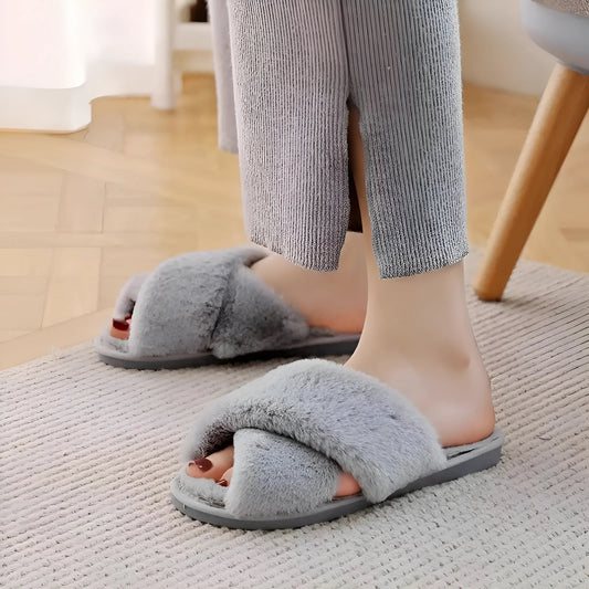 Grey Fluffy Women's Slippers