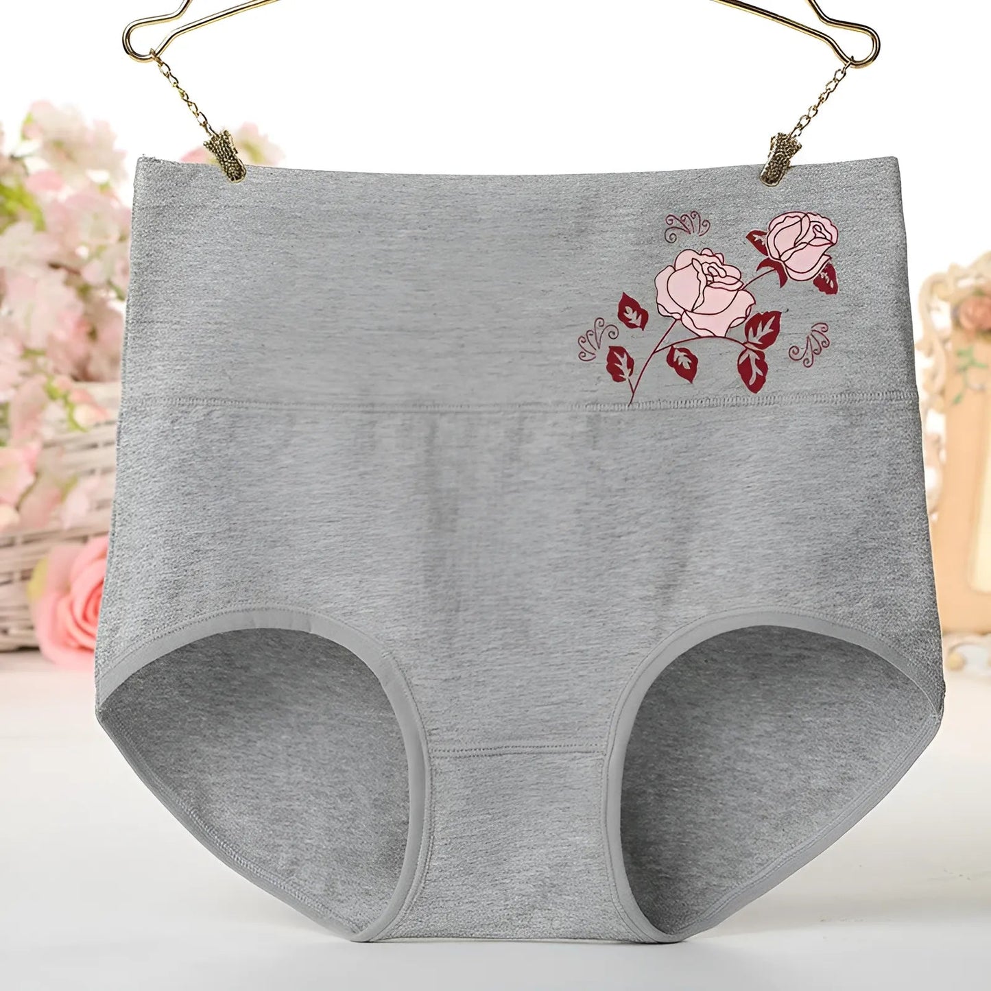 Grey High-Waisted Knickers with Decorative Rose