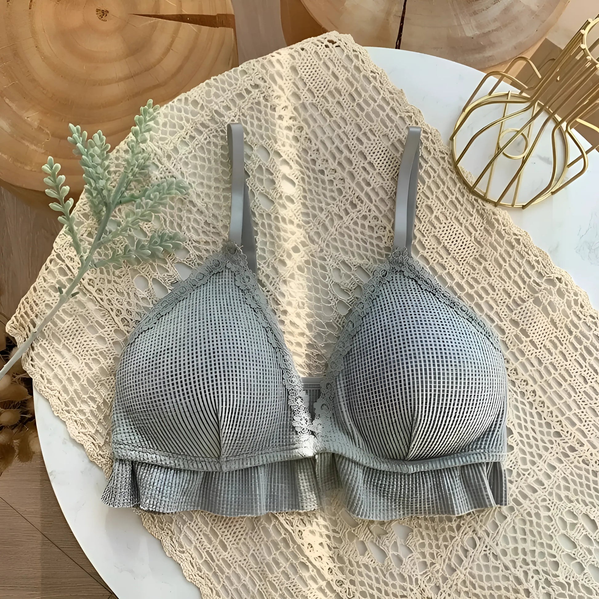 Grey Lace Bralette with Frill Trim