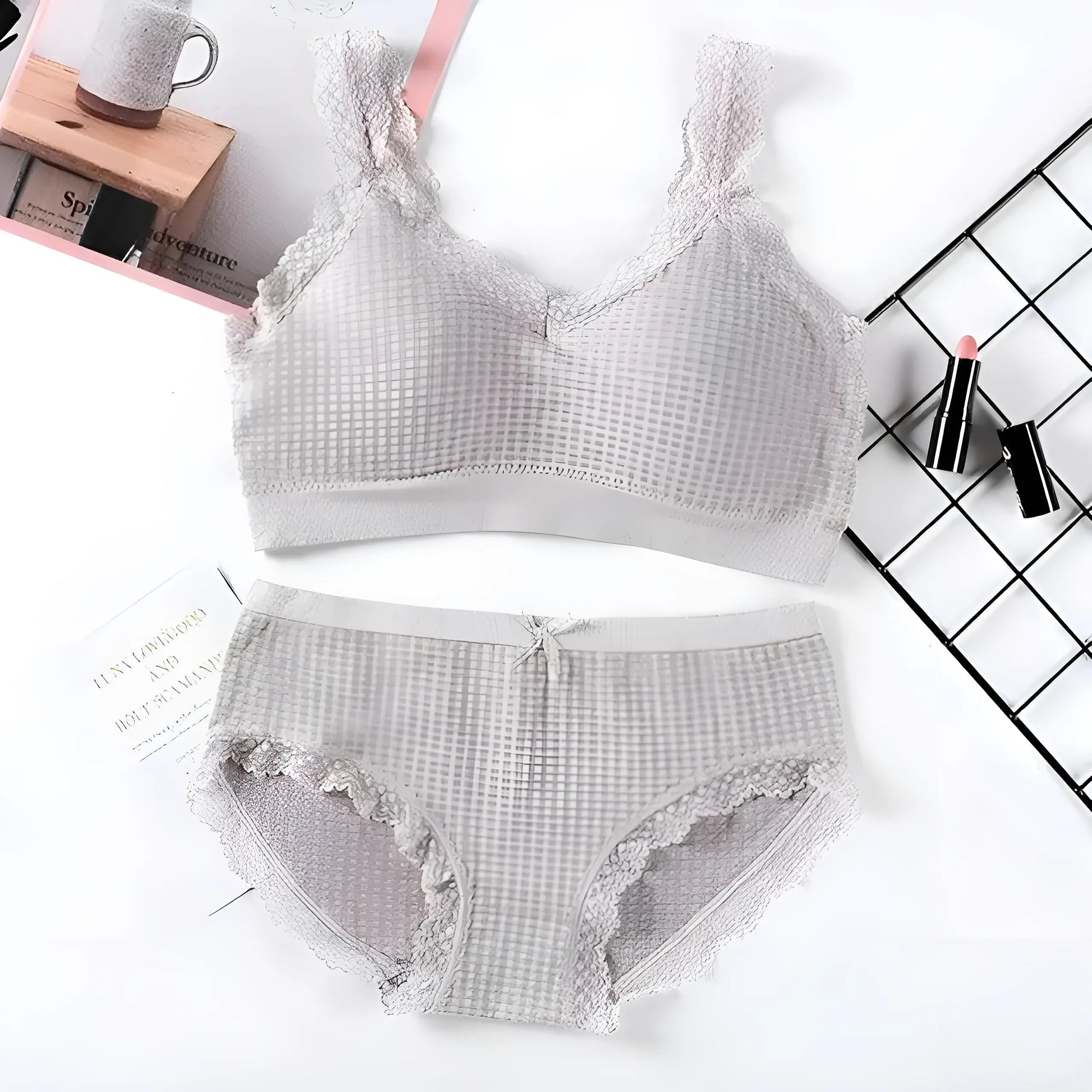 Grey Lace Trim Lingerie Set