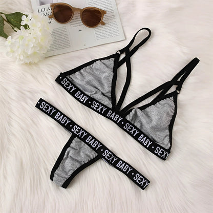 Grey Lingerie Set with "Sexy Baby" Print