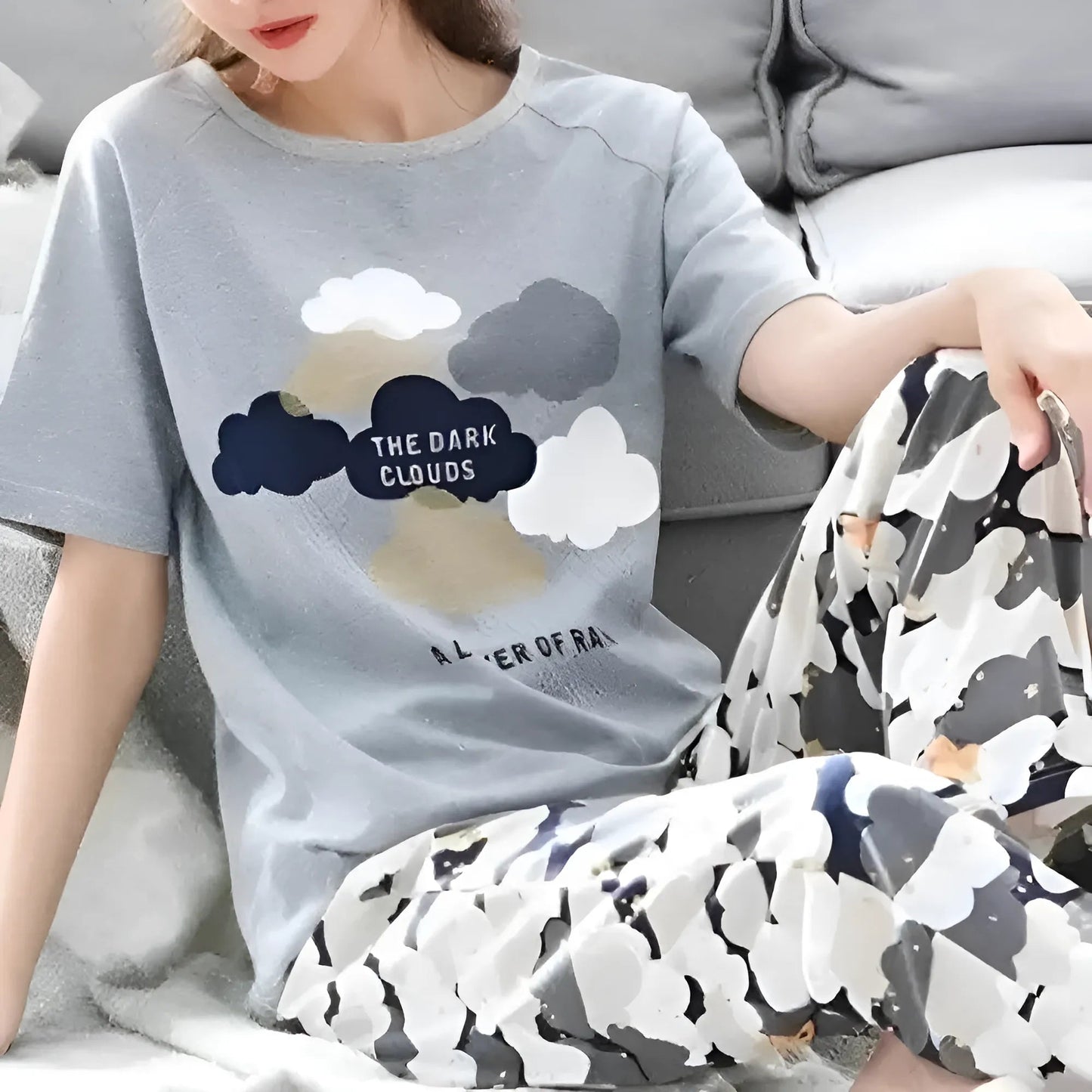 Grey Long Cloud Print Pyjama Set