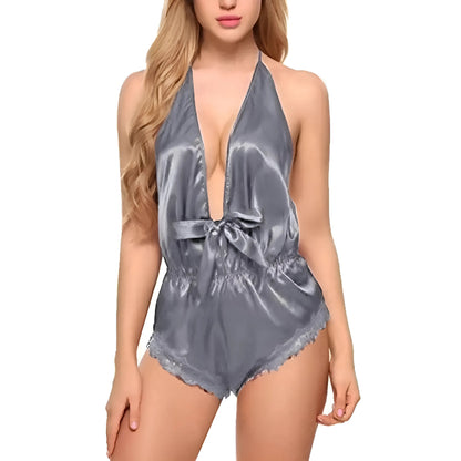 Grey One-Piece Satin Pyjama with Open Back