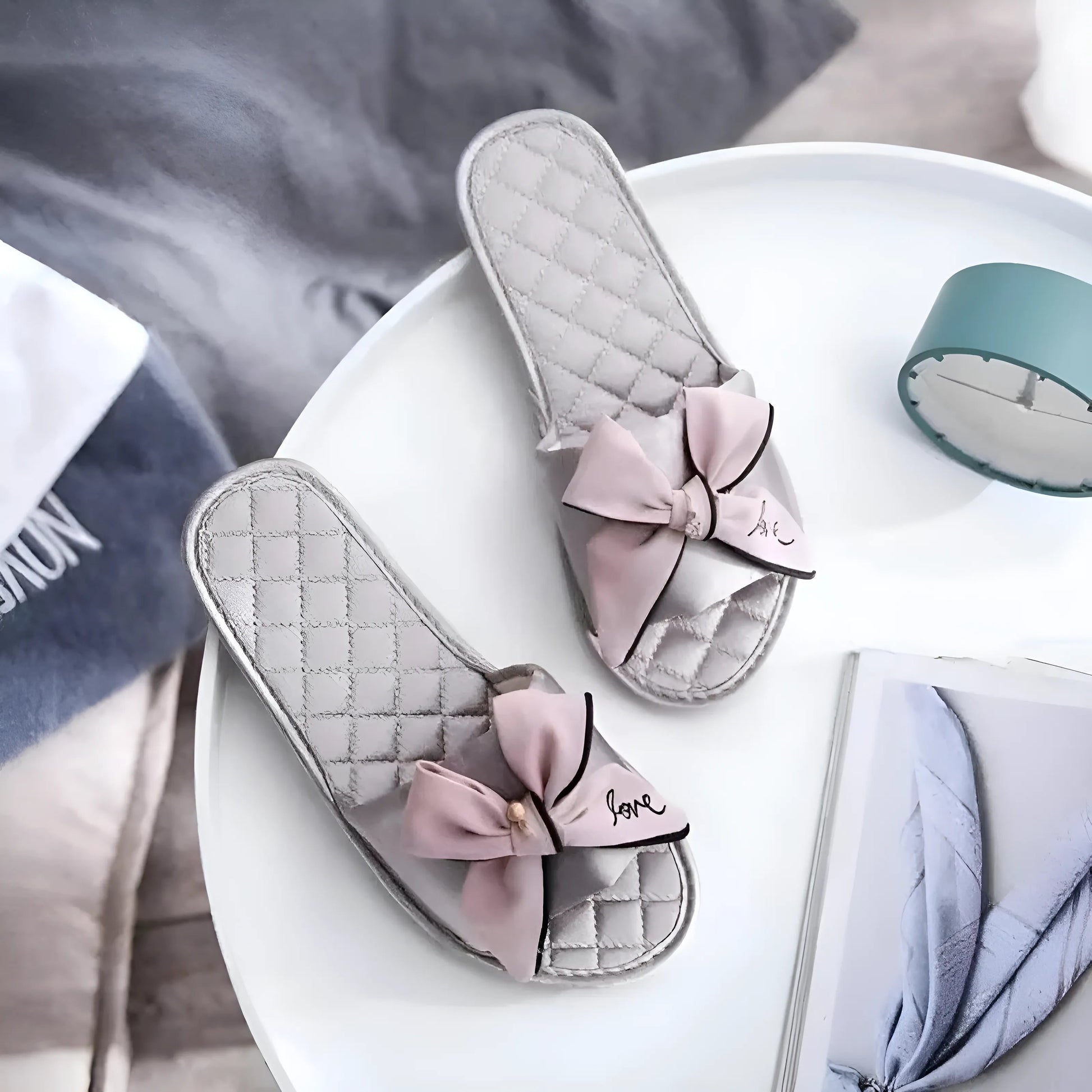 Grey Quilted Women's Slippers with Bows