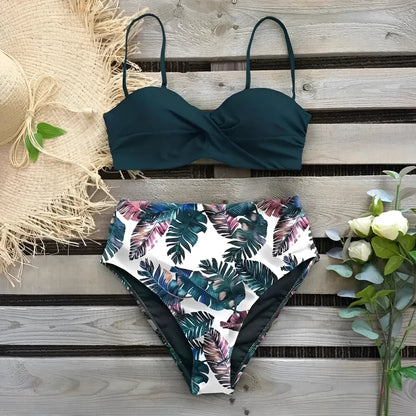  High-Waisted Two-Piece Swimsuit with Tropical Print