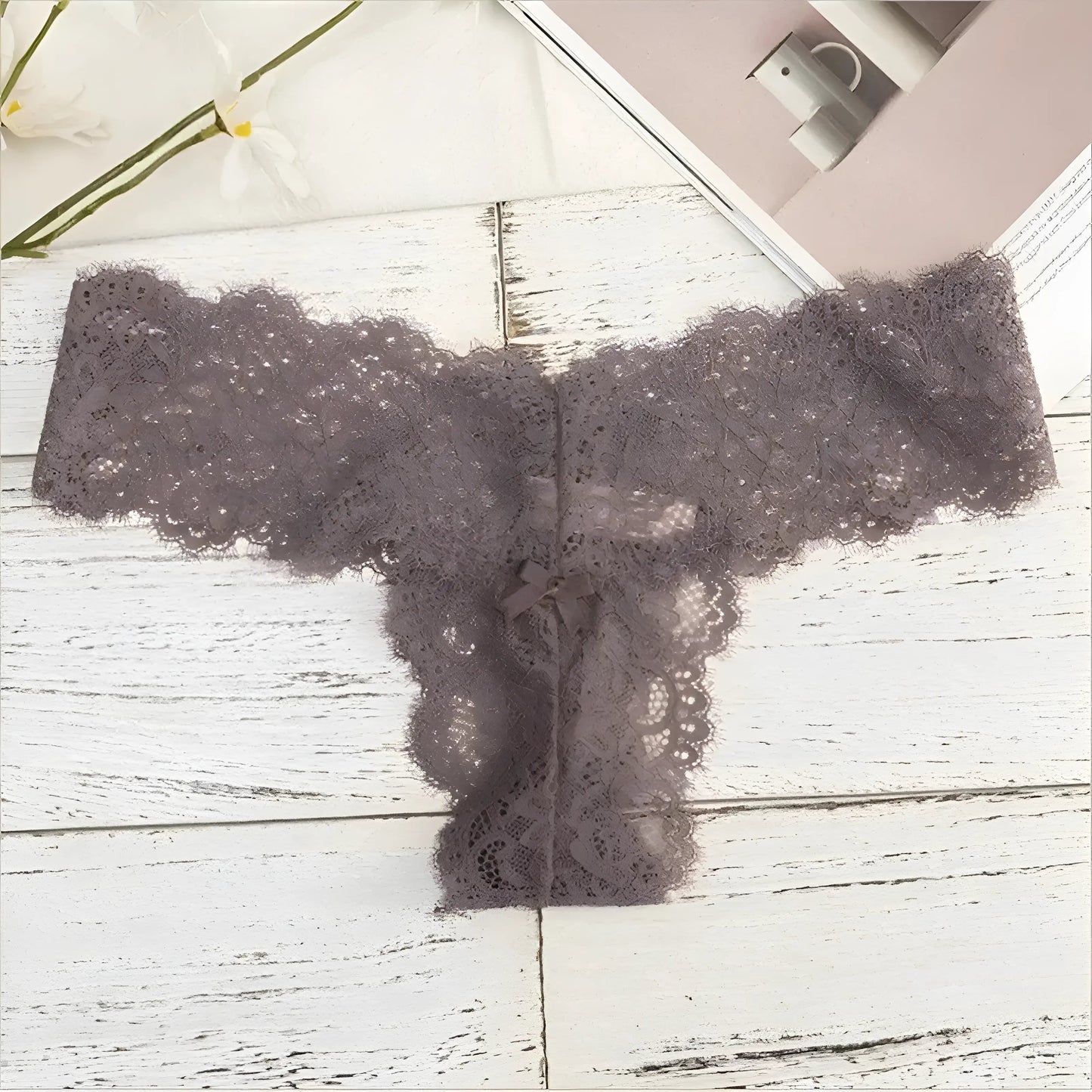 Khaki Lace String Thong with Bow