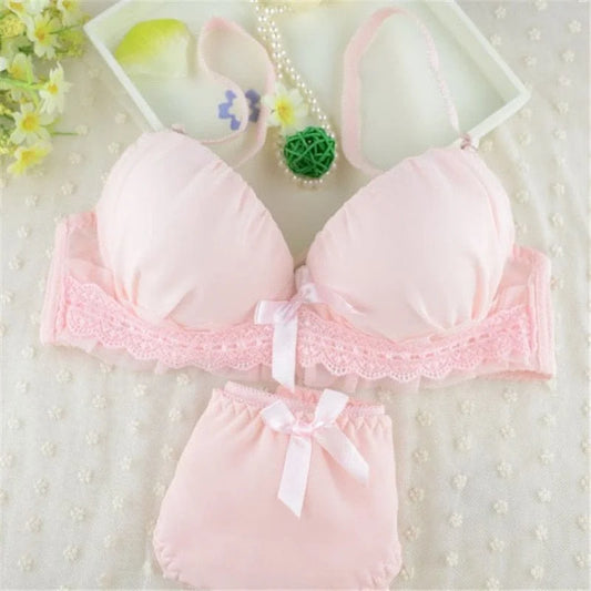 Lace lingerie set with bows - pink / 32b