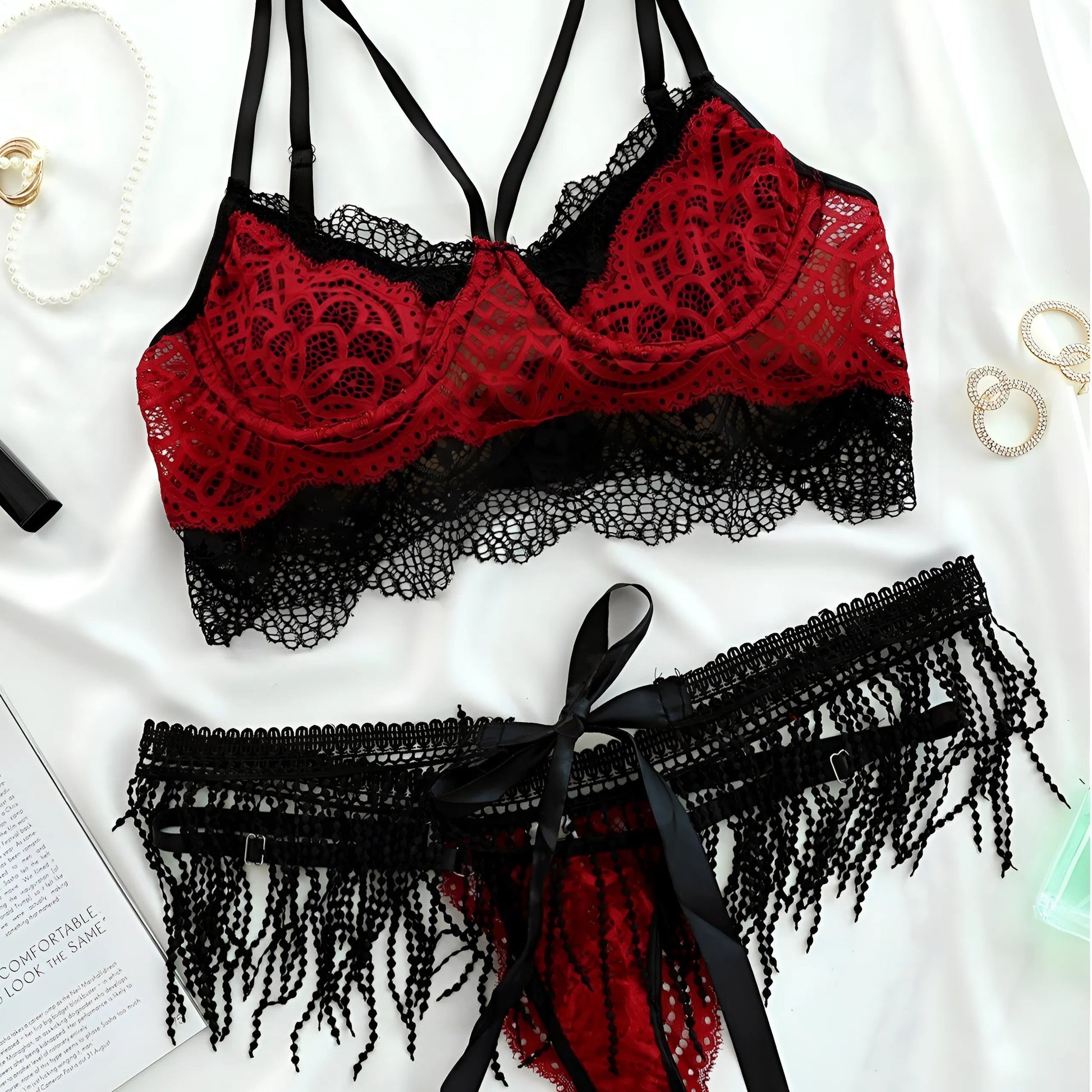  Lace Lingerie Set with Decorative Fringes