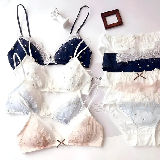 Light Blue Lace Lingerie Set with Gold Stars