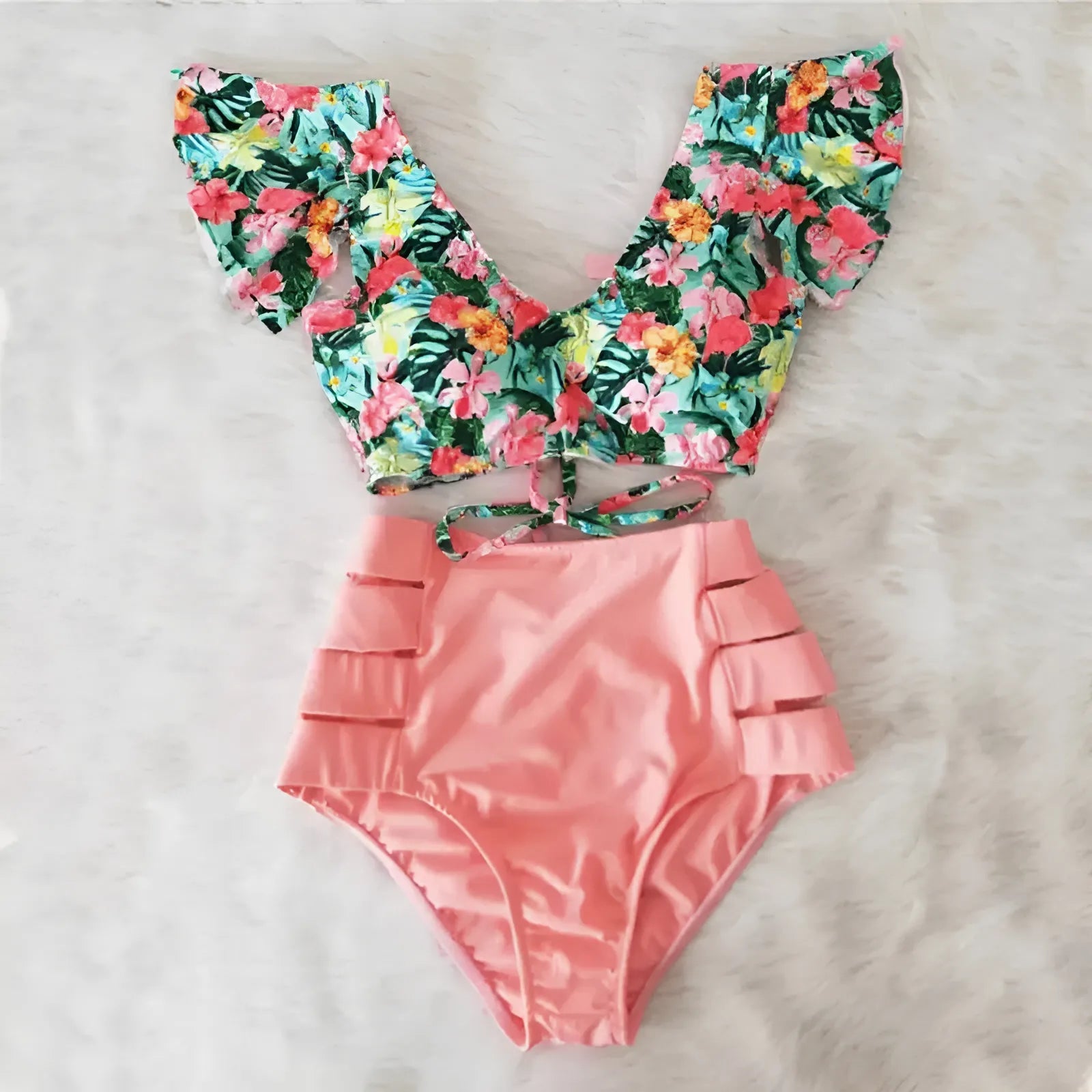 Light Pink Two-Piece Swimsuit with Decorative Top