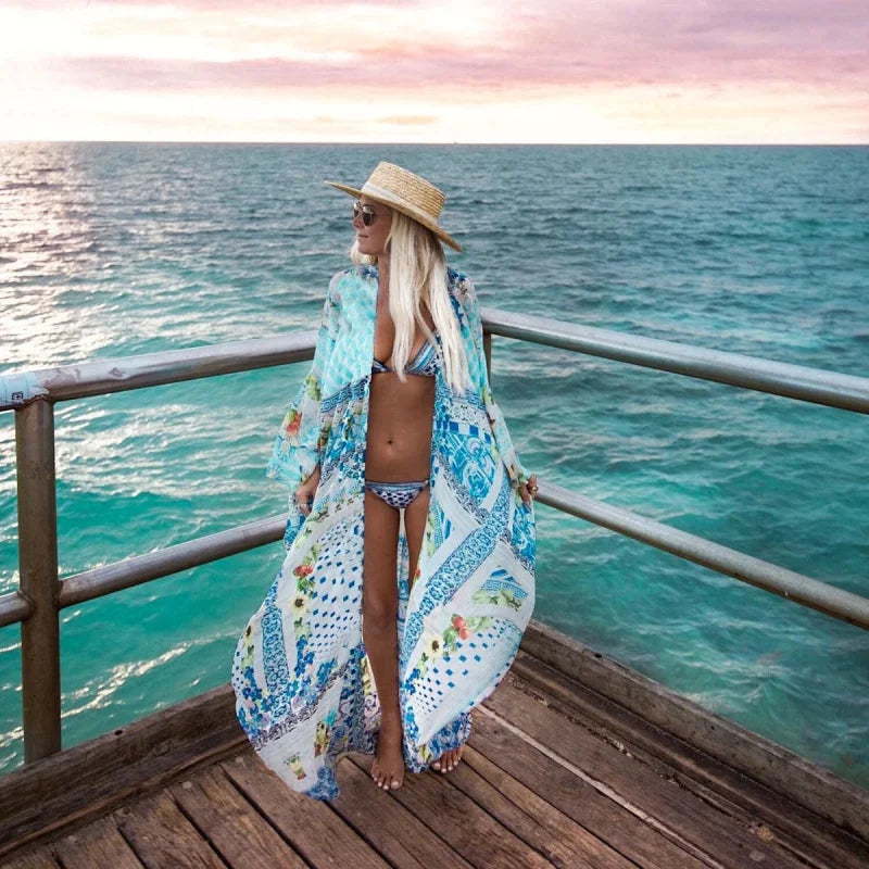 Long colorful patterned beach kimono - blue / universal