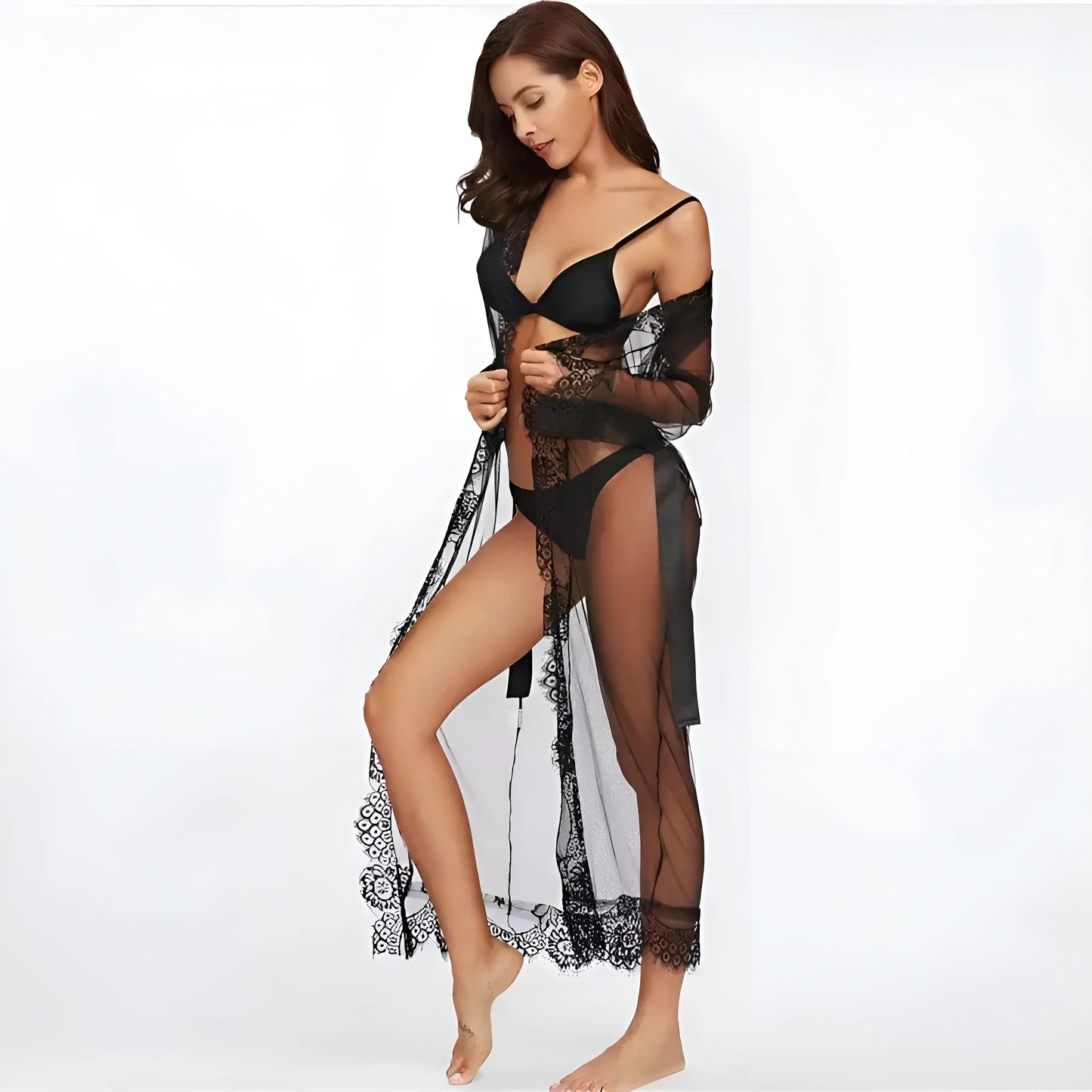  Long Lace Trim Robe