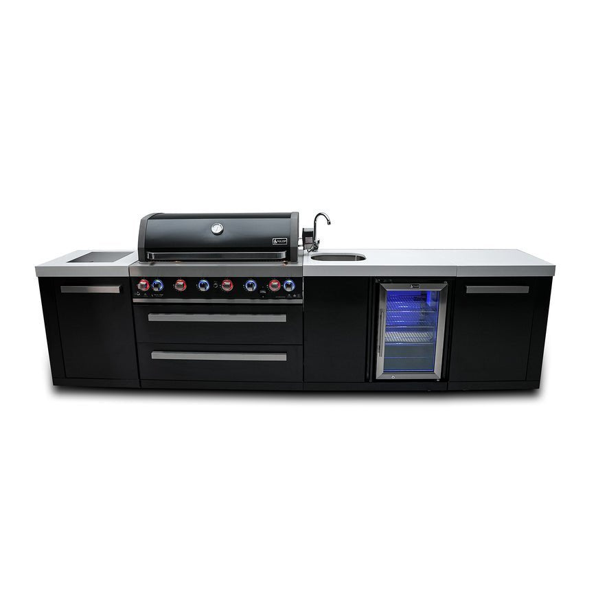 Mont Alpi 5-Burner Compact Black Outdoor Kitchen Island Gas Grill + Fridge Cabinet