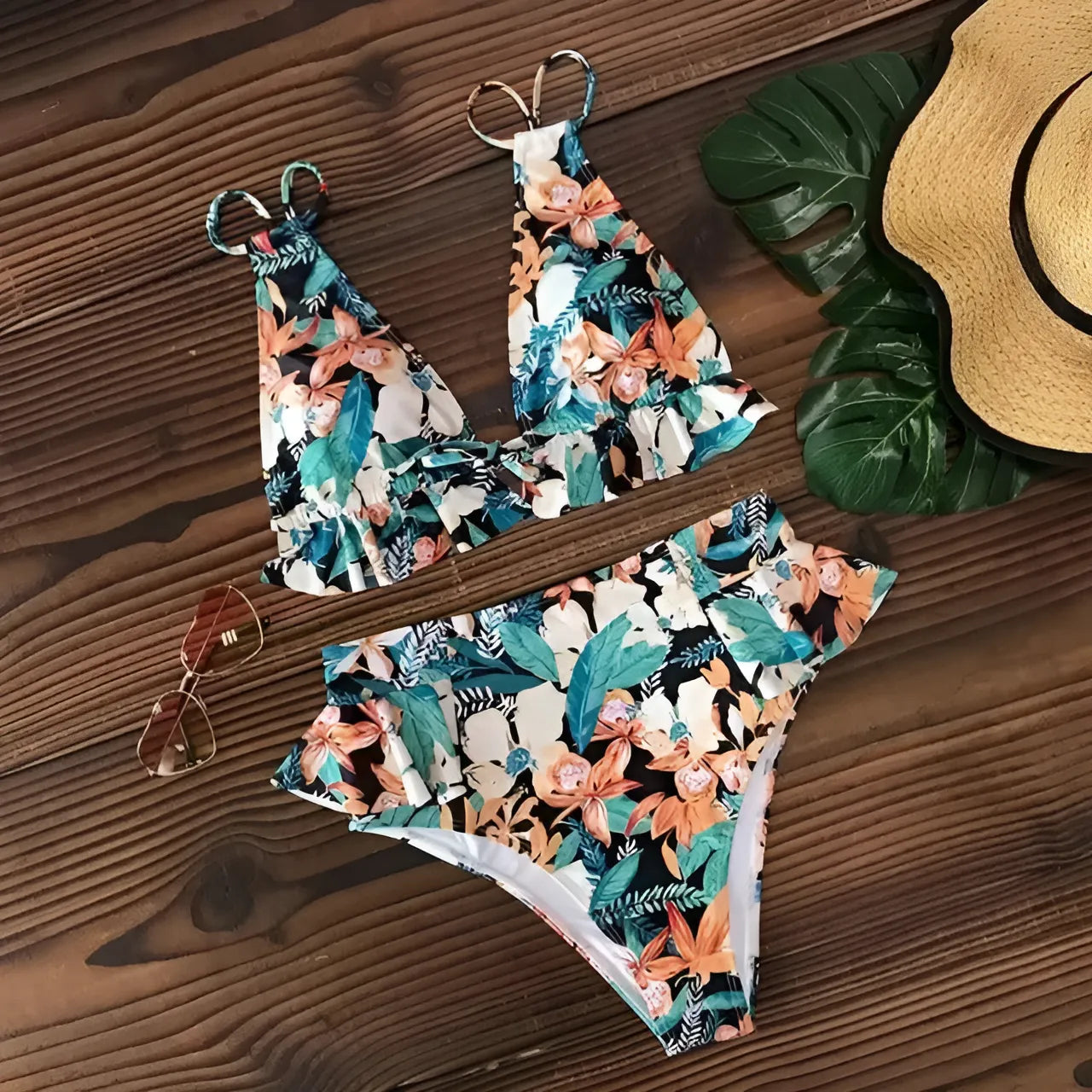 Multi-coloured Two-Piece Swimsuit with Delicate Ruffles