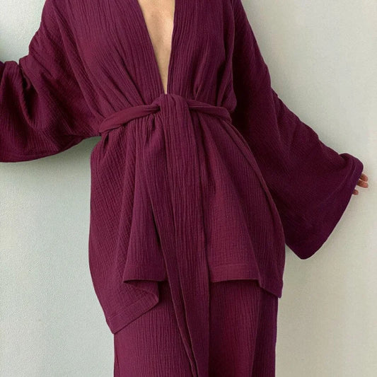 Muslin pajama set with tie - burgundy / s