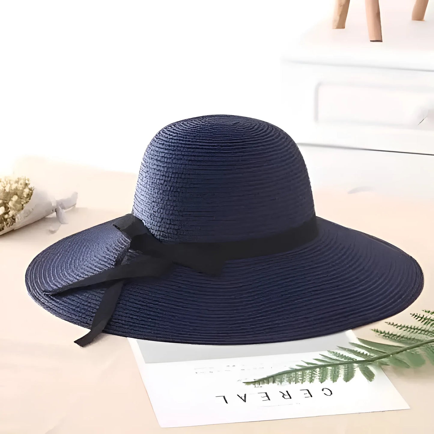 Navy Beach Hat with Bow