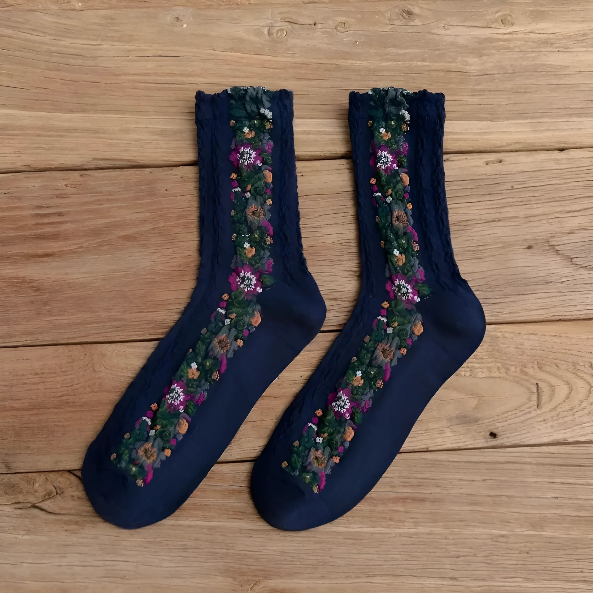 Navy Floral Patterned Decorative Socks