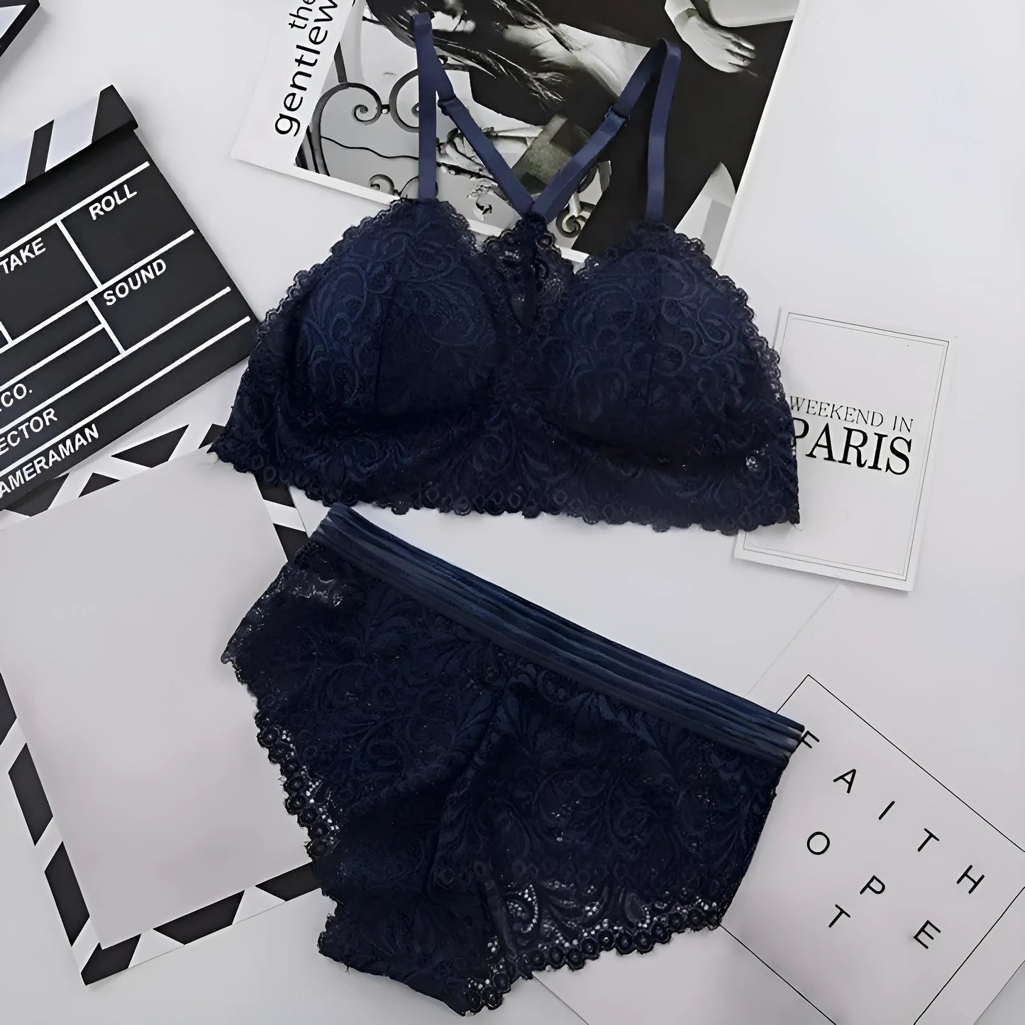 Navy Lace Lingerie Set with Decorative Back