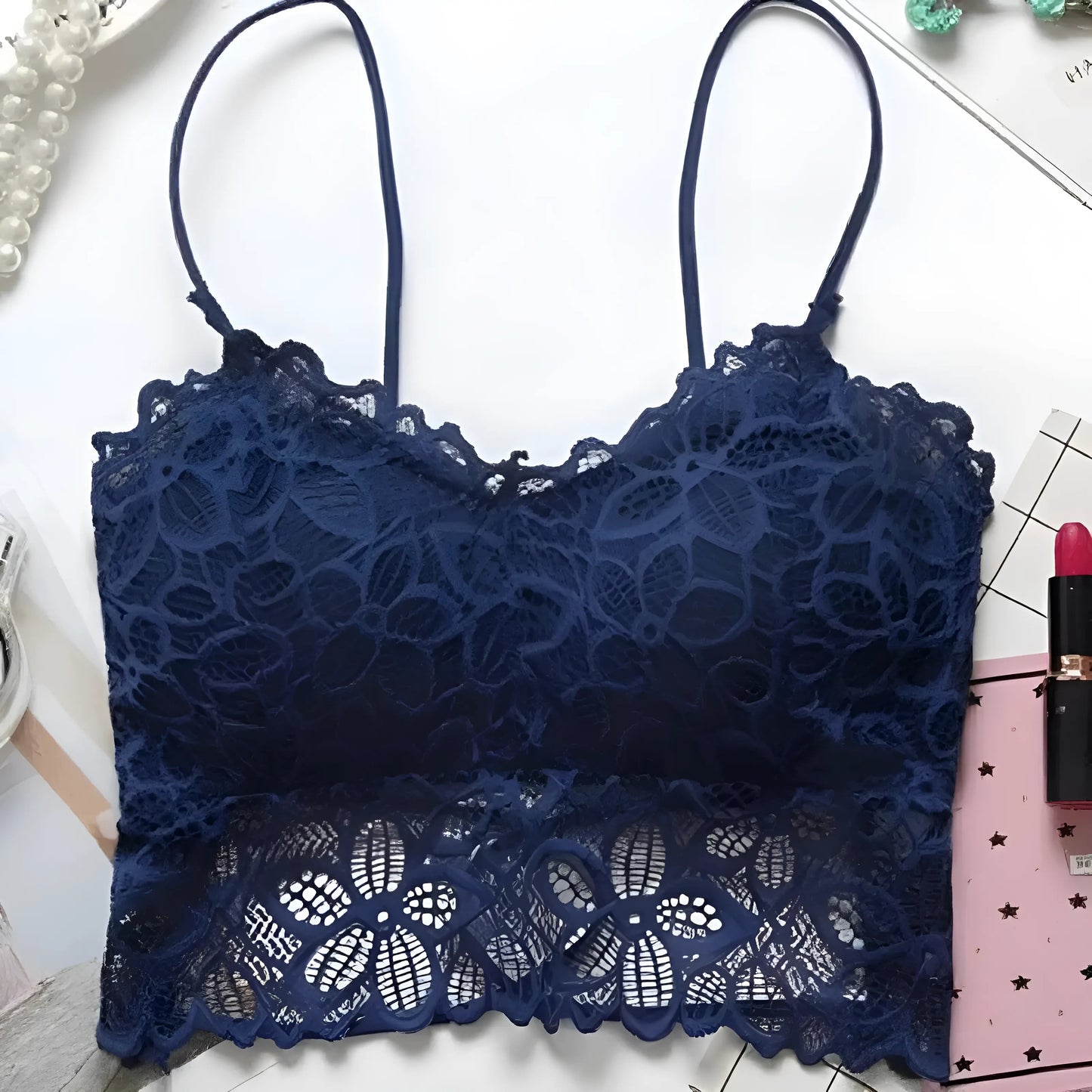 Navy Lace Push-Up Bralette with Low Rise Design