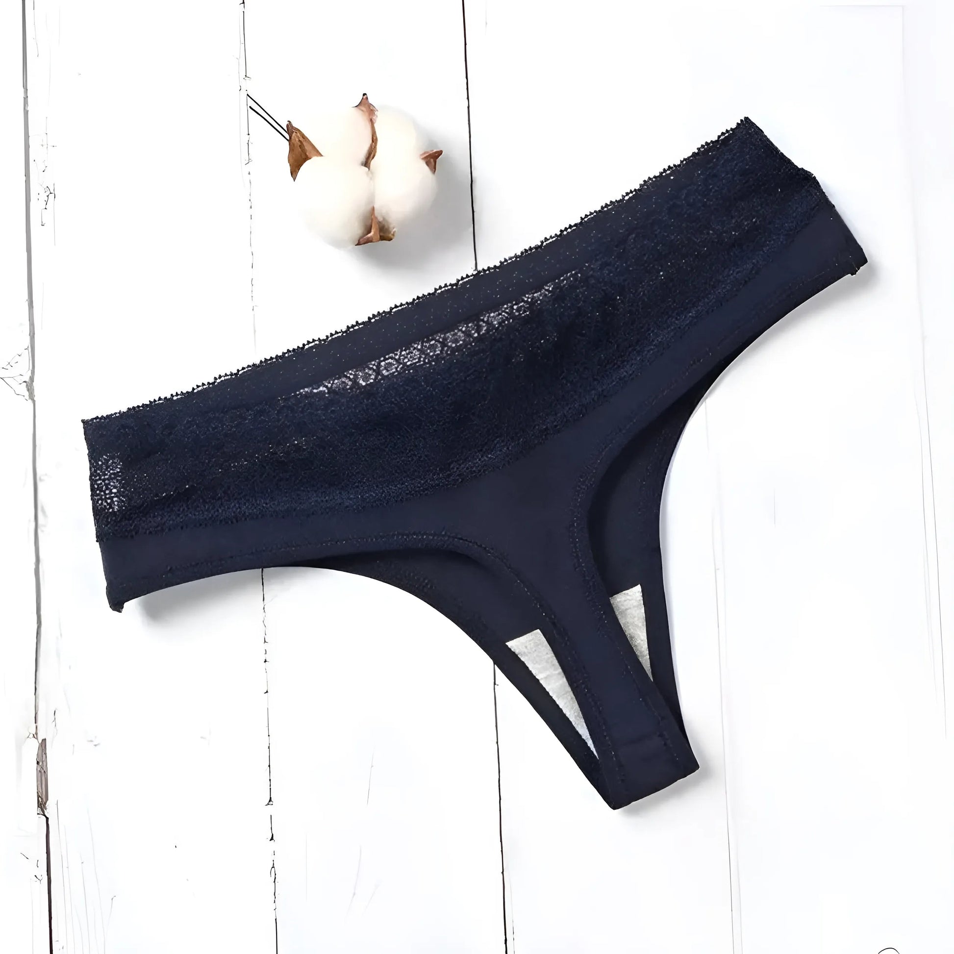 Navy Lace Trimmed String Thong