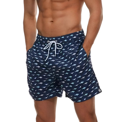 Navy Men's Swim Shorts with Colourful Print