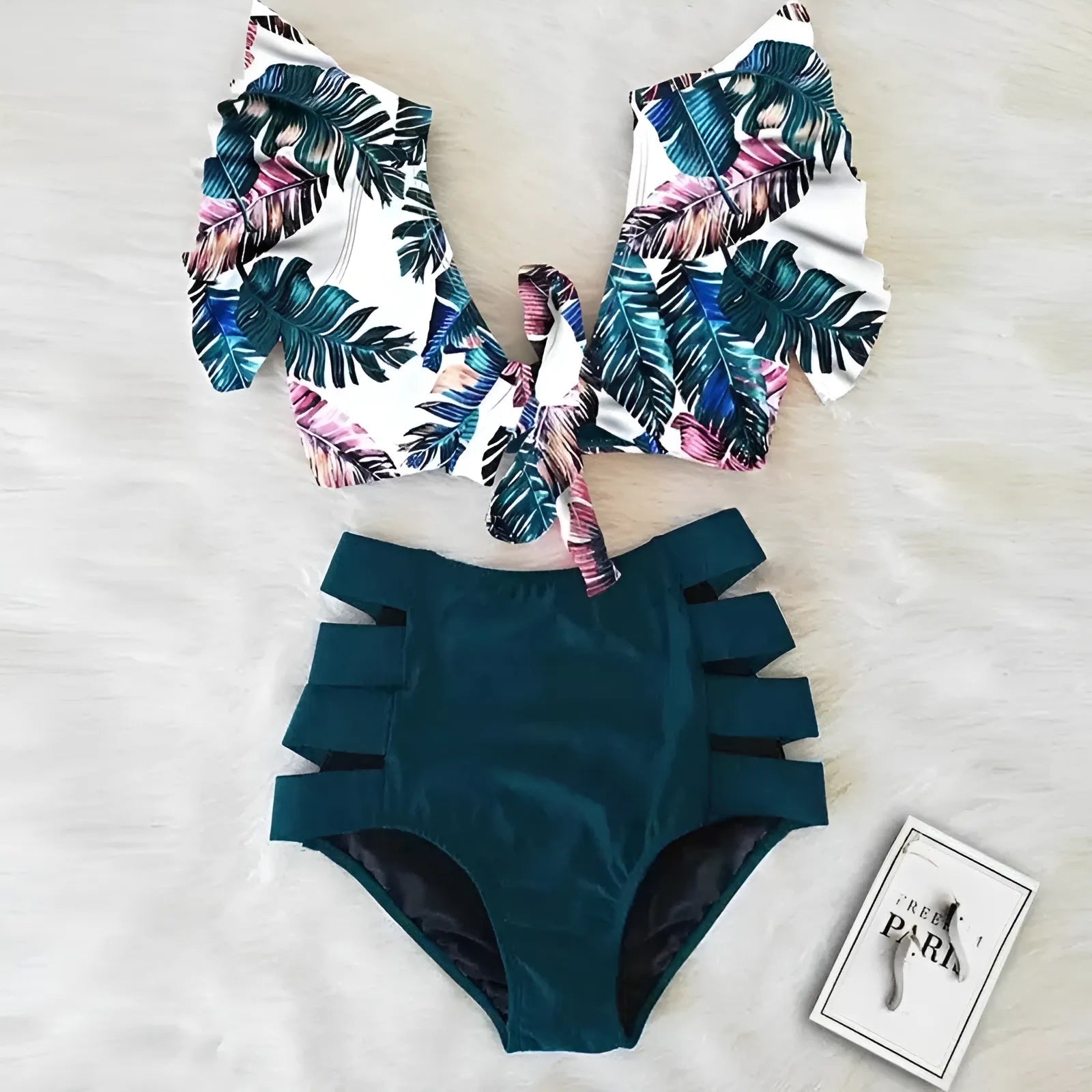 Navy Two-Piece Swimsuit with Decorative Top