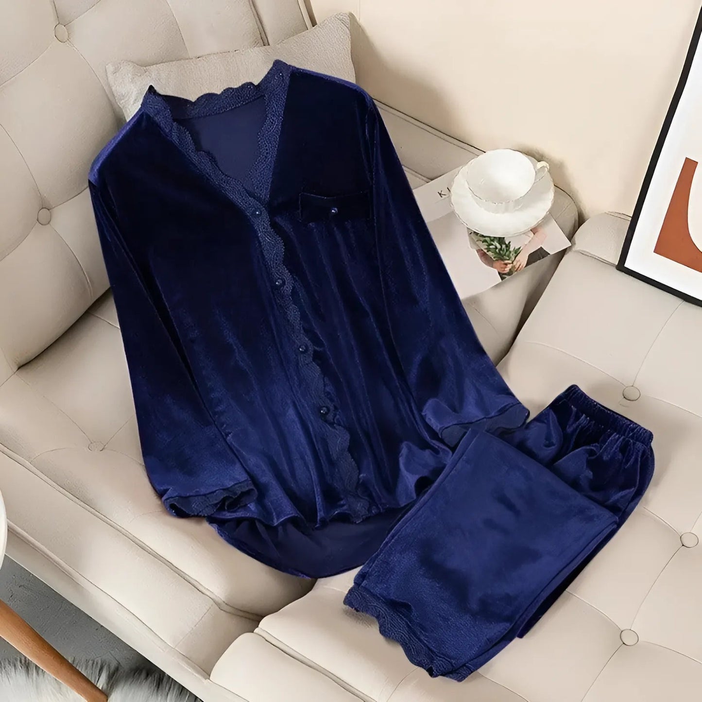 Navy Velvet Long Sleeve Pyjama Set