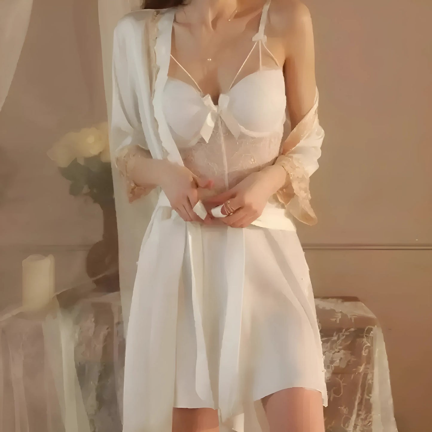  Nightgown Set with Lace and Robe