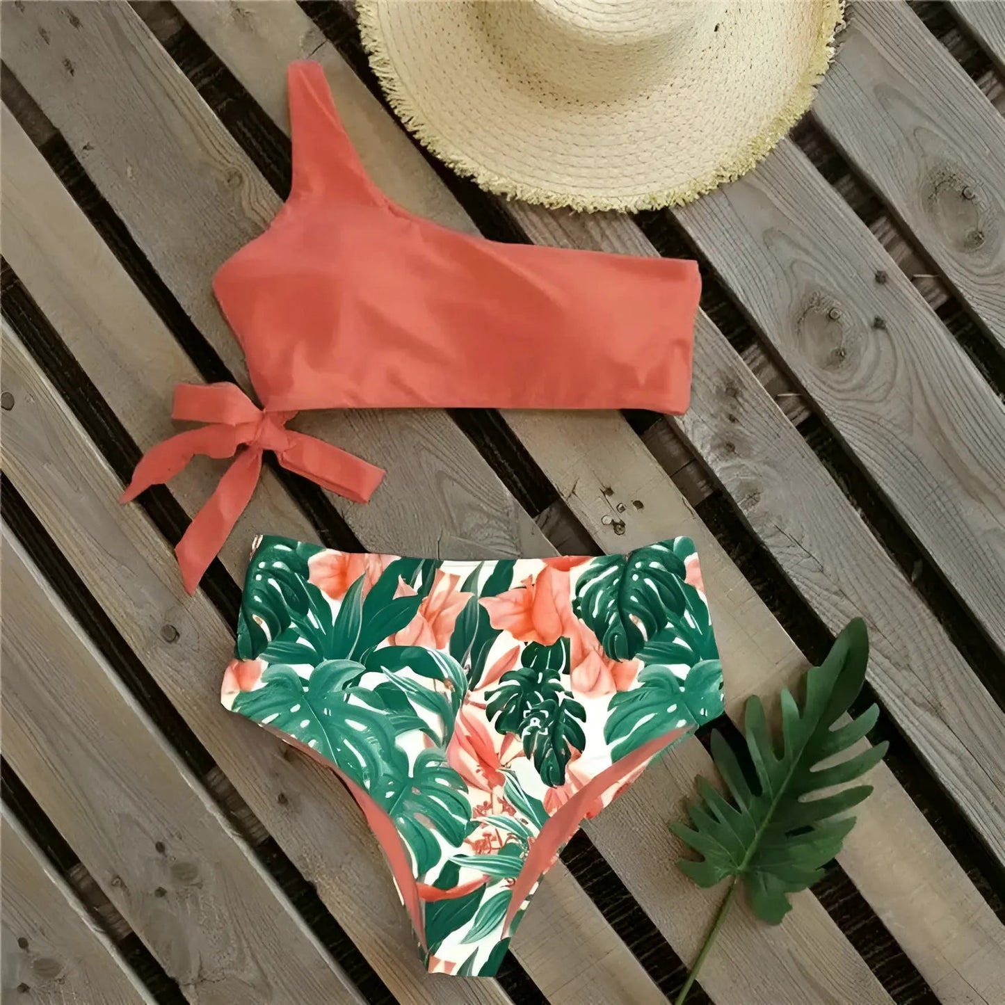 Orange Floral Print Two-Piece Swimsuit