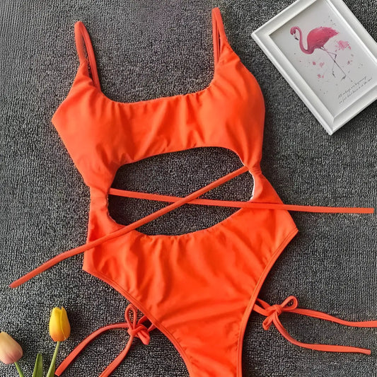 Orange One-Piece Swimsuit with Cut-Outs