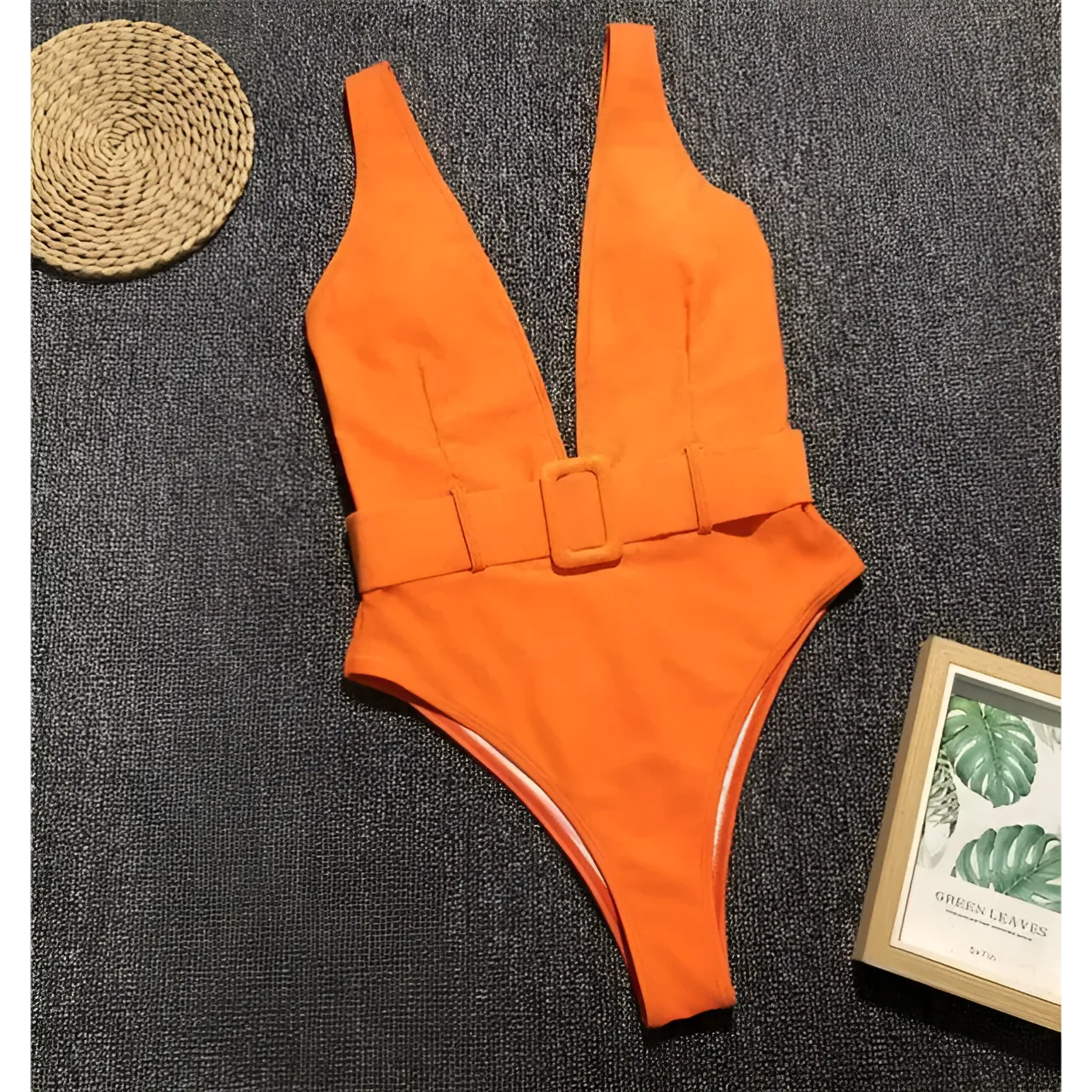 Orange One-Piece Swimsuit with Waist Belt