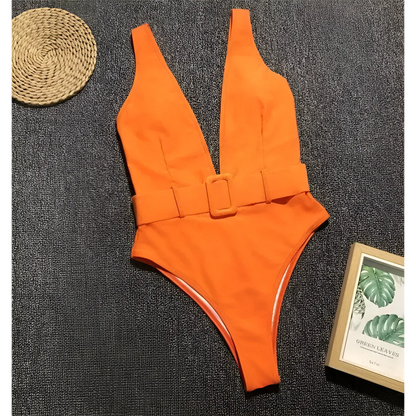 Orange One-Piece Swimsuit with Waist Belt