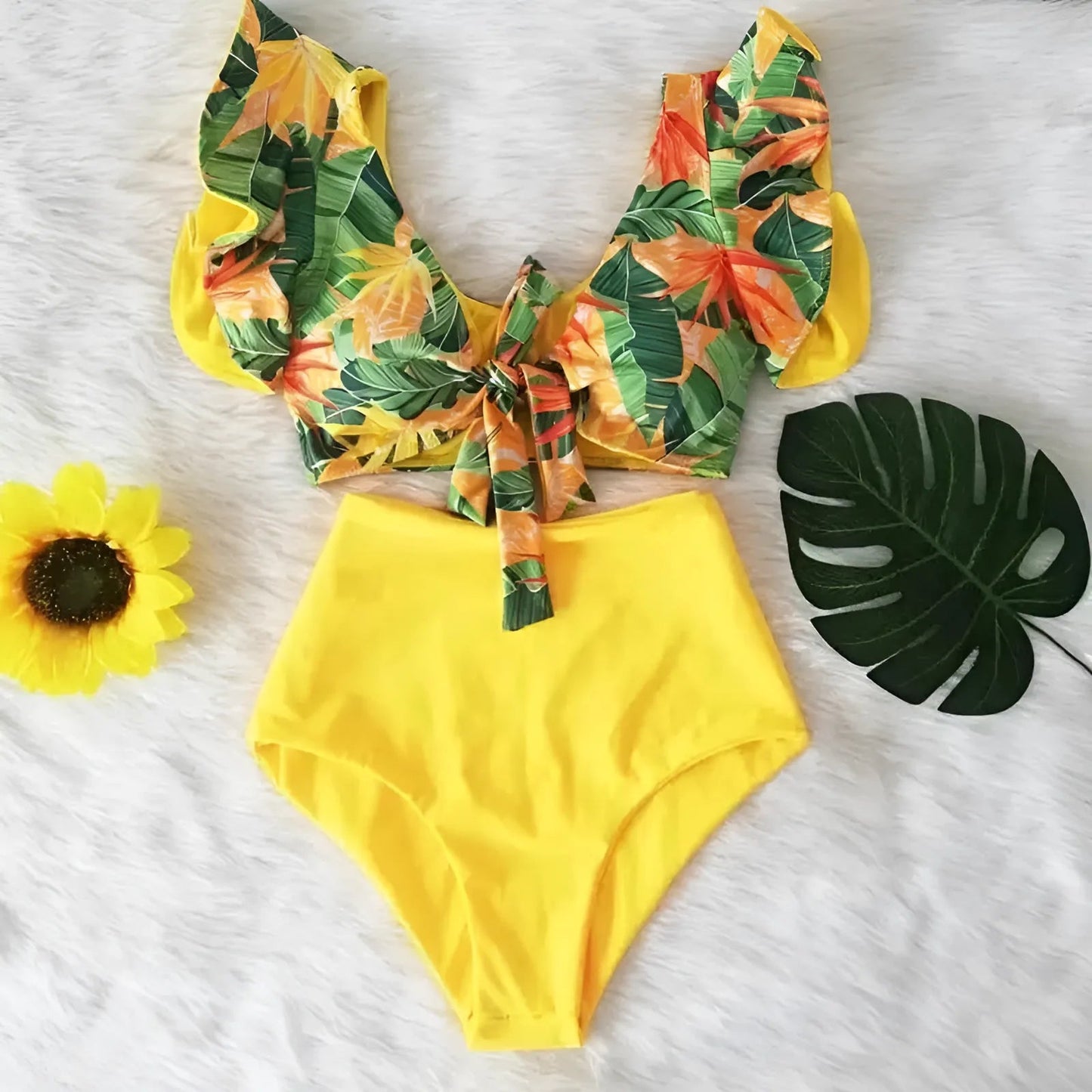 Orange Two-Piece Swimsuit with Decorative Top