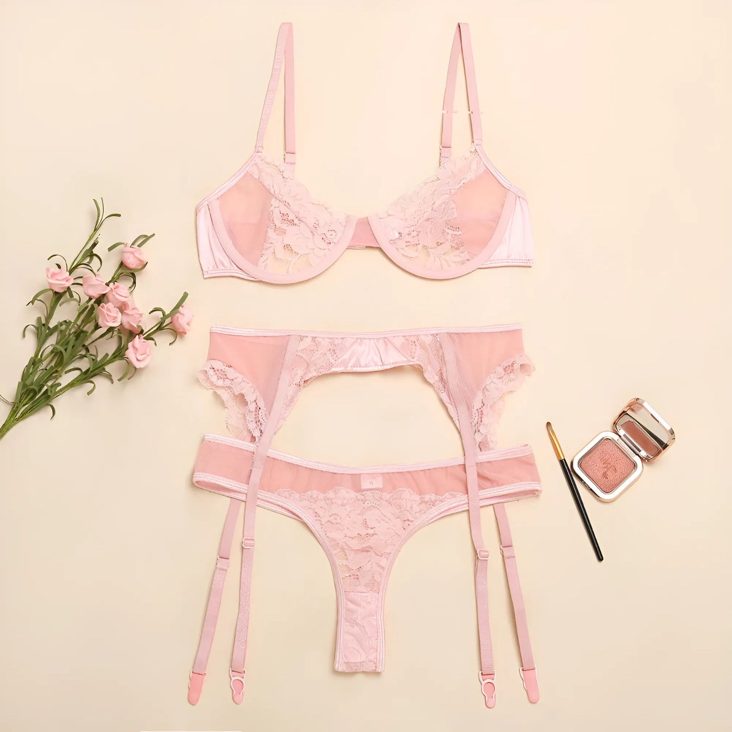 Pink 3-Piece Lace Lingerie Set