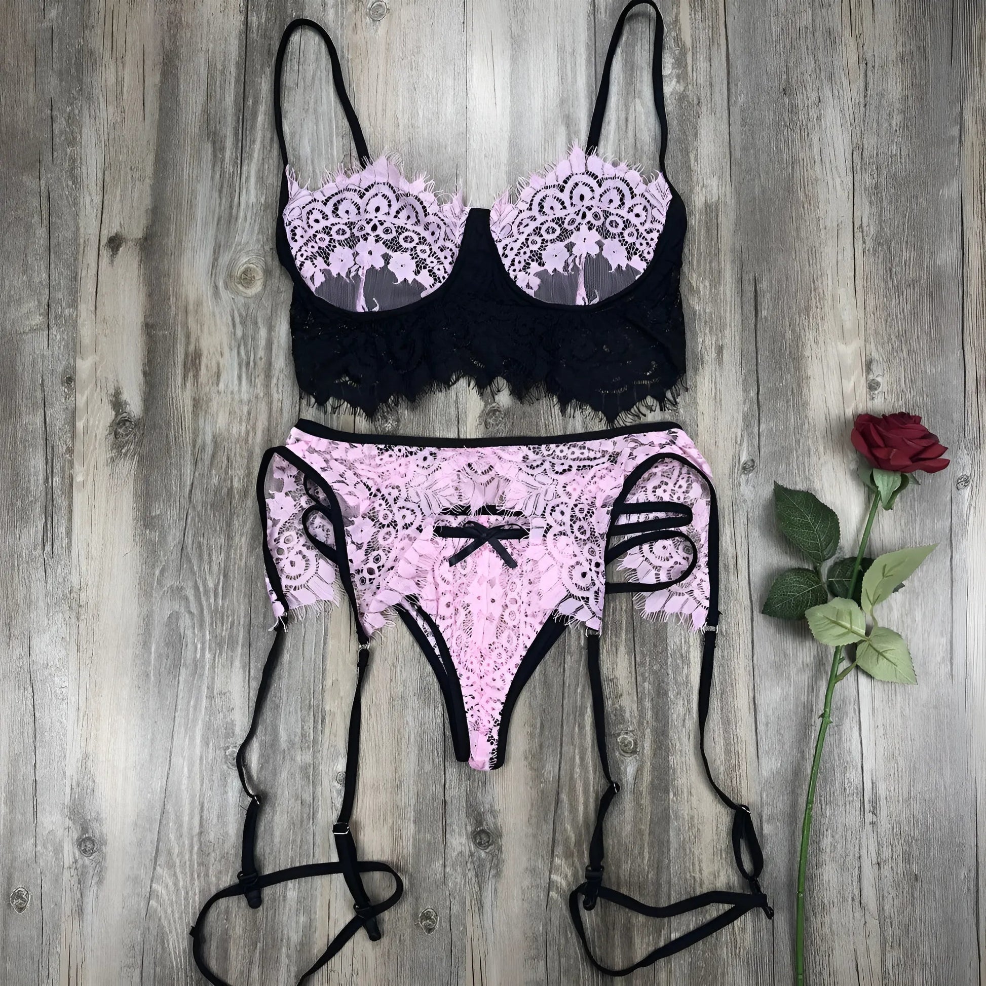 Pink 3-Piece Lace Lingerie Set with Thigh Straps