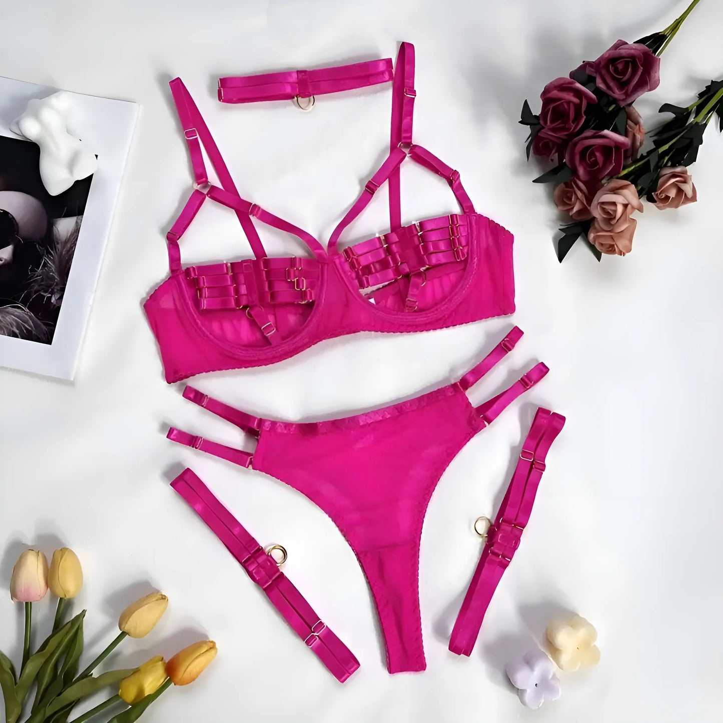 Pink 4-Piece Lingerie Set with Decorative Straps