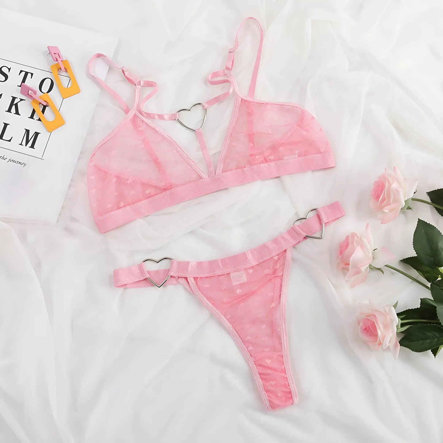 Pink Delicate Heart Motif Mesh Lingerie Set