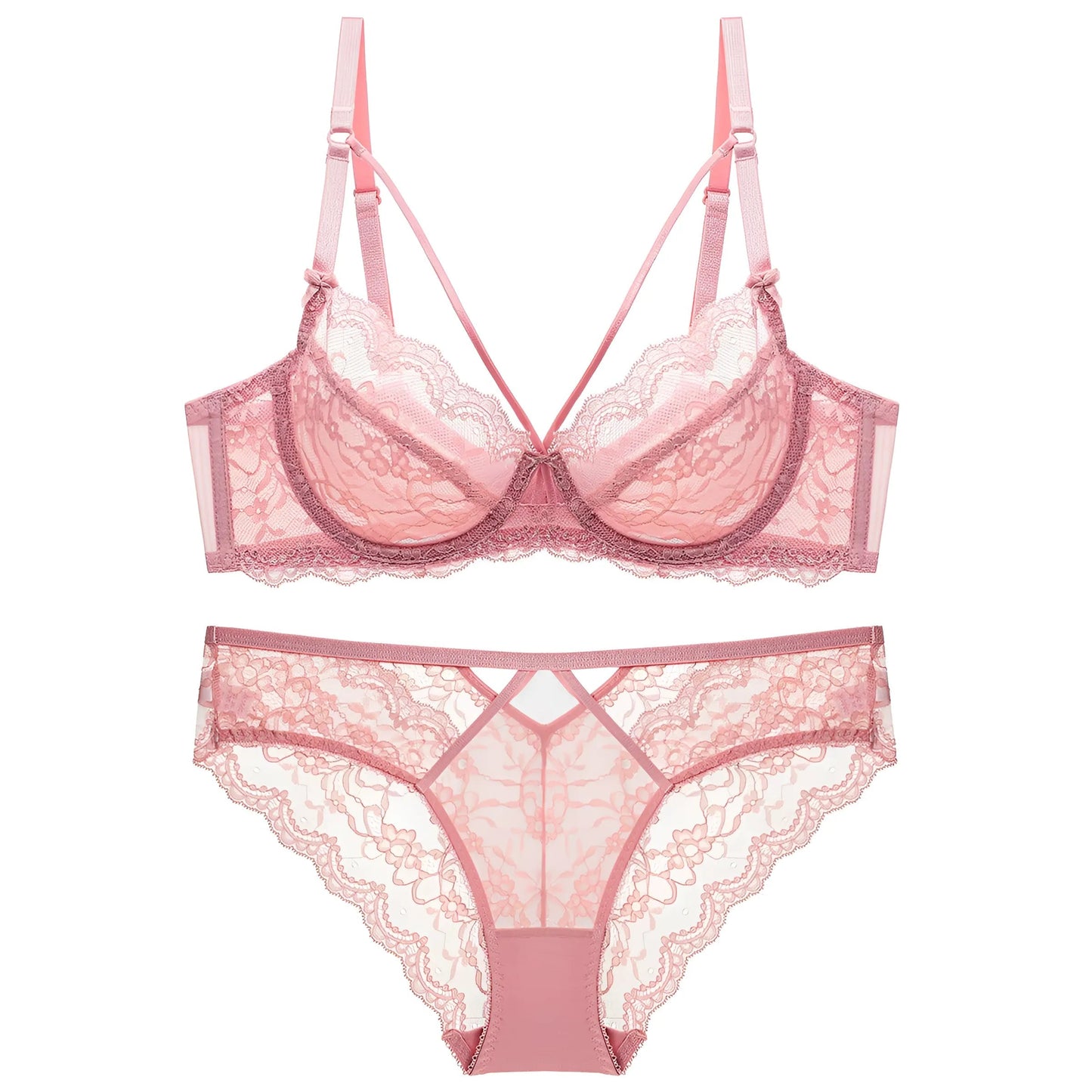 Pink Delicate Lace Lingerie Set with Decorative Straps on the Décolletage