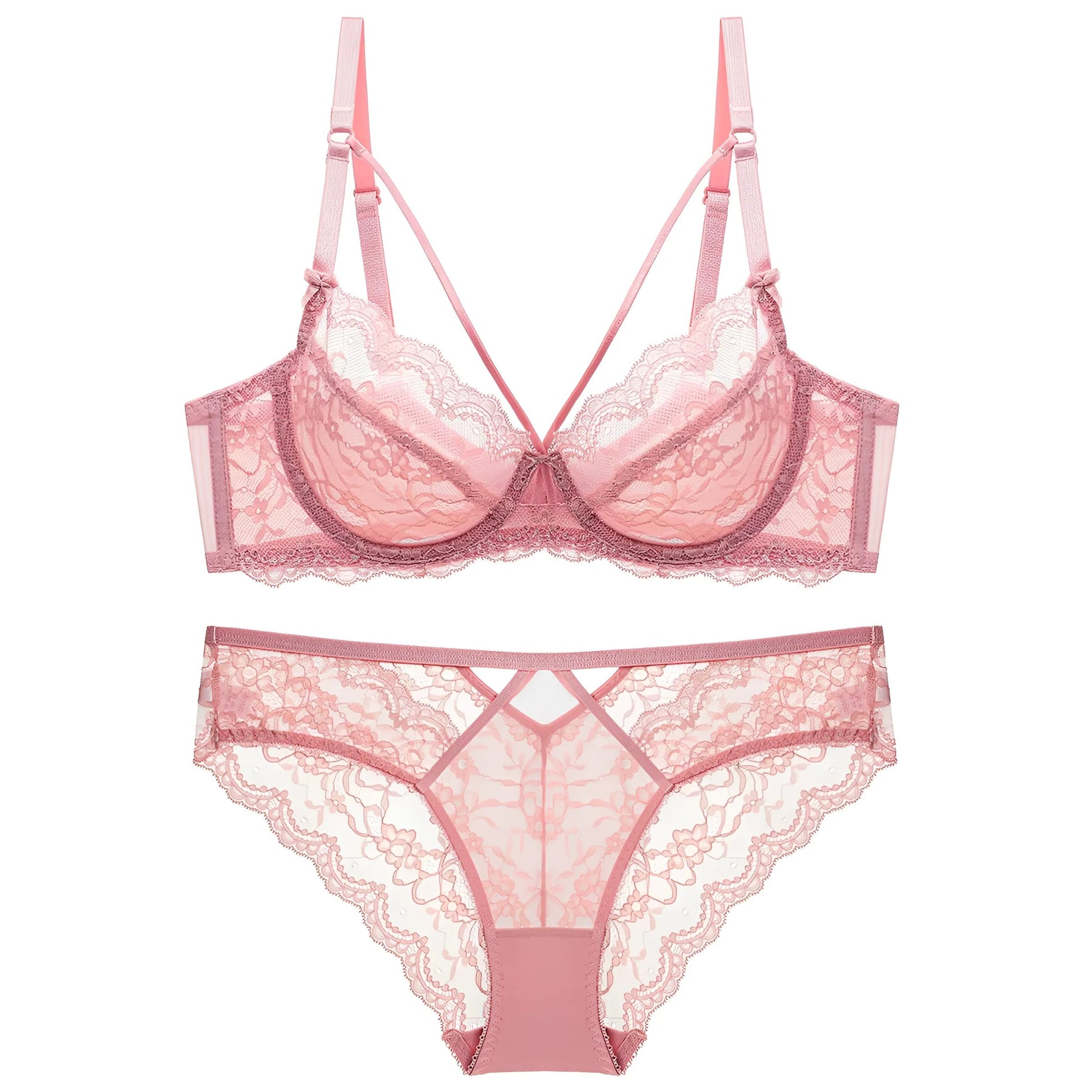 Pink Delicate Lace Lingerie Set with Decorative Straps on the Décolletage