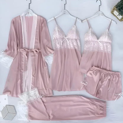 Pink Five-Piece Satin Sleep Set