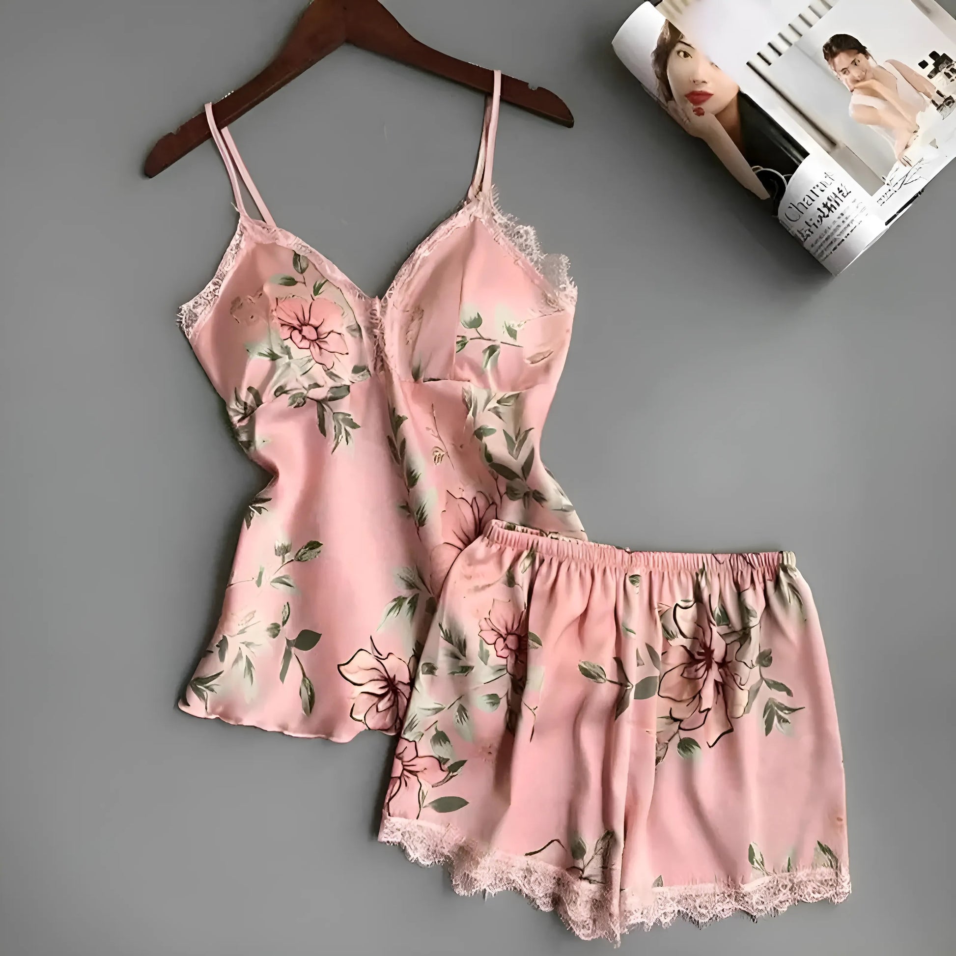 Pink Floral Pyjama Set with Top and Shorts