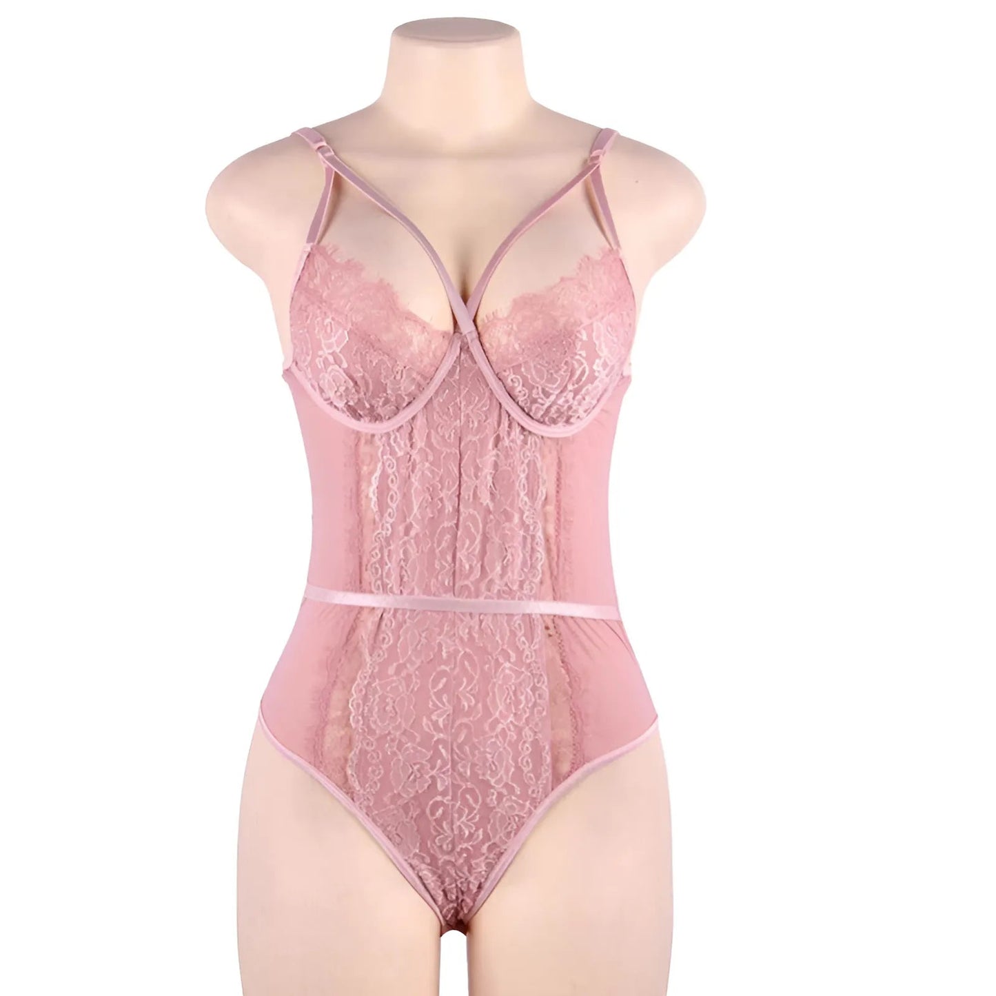 Pink Lace Bodysuit with Decorative Straps