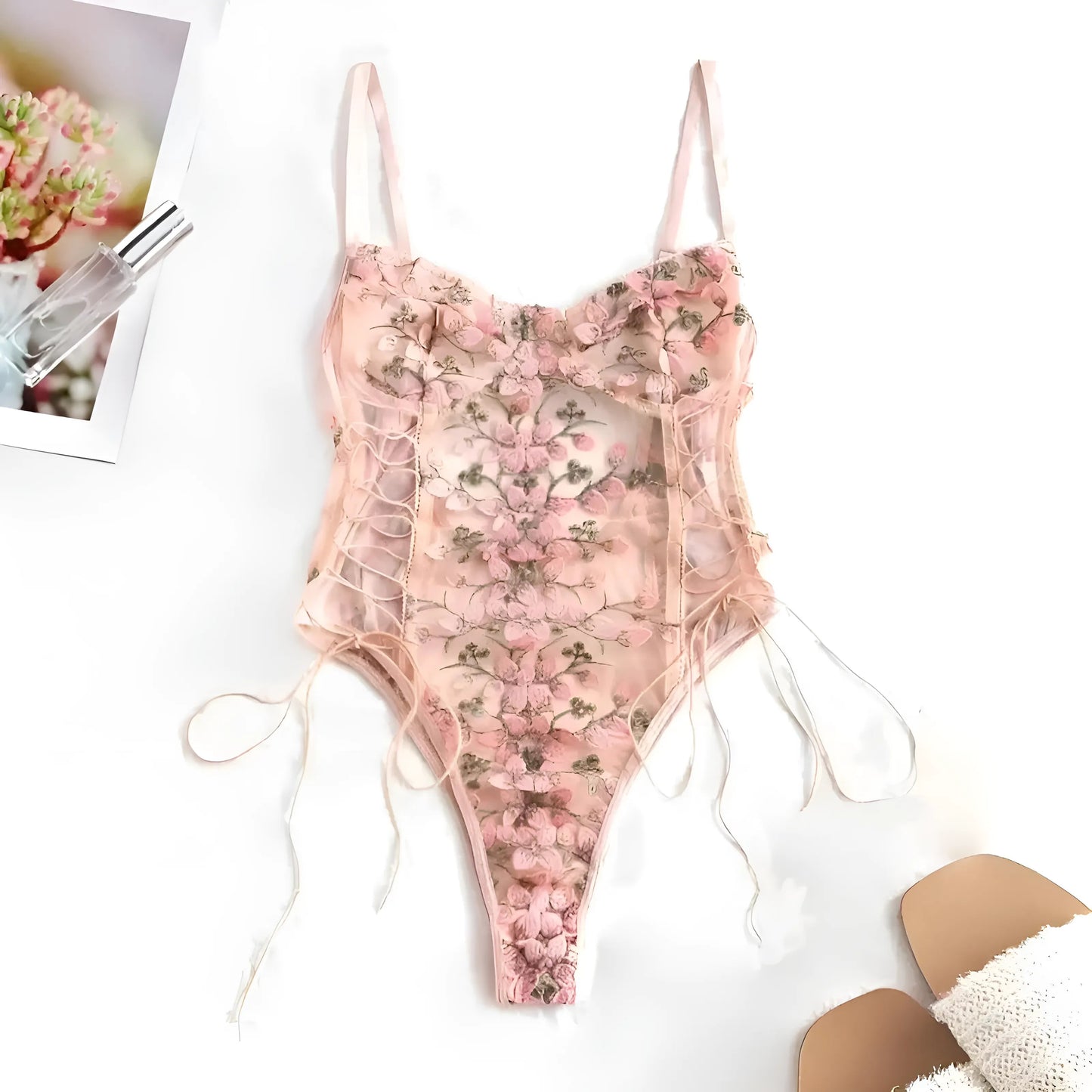 Pink Lace Bodysuit with Floral Embossing