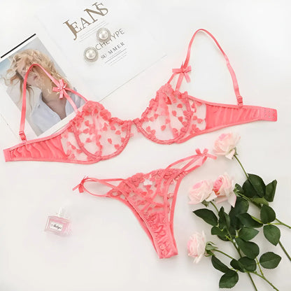 Pink Lace Heart Print Lingerie Set