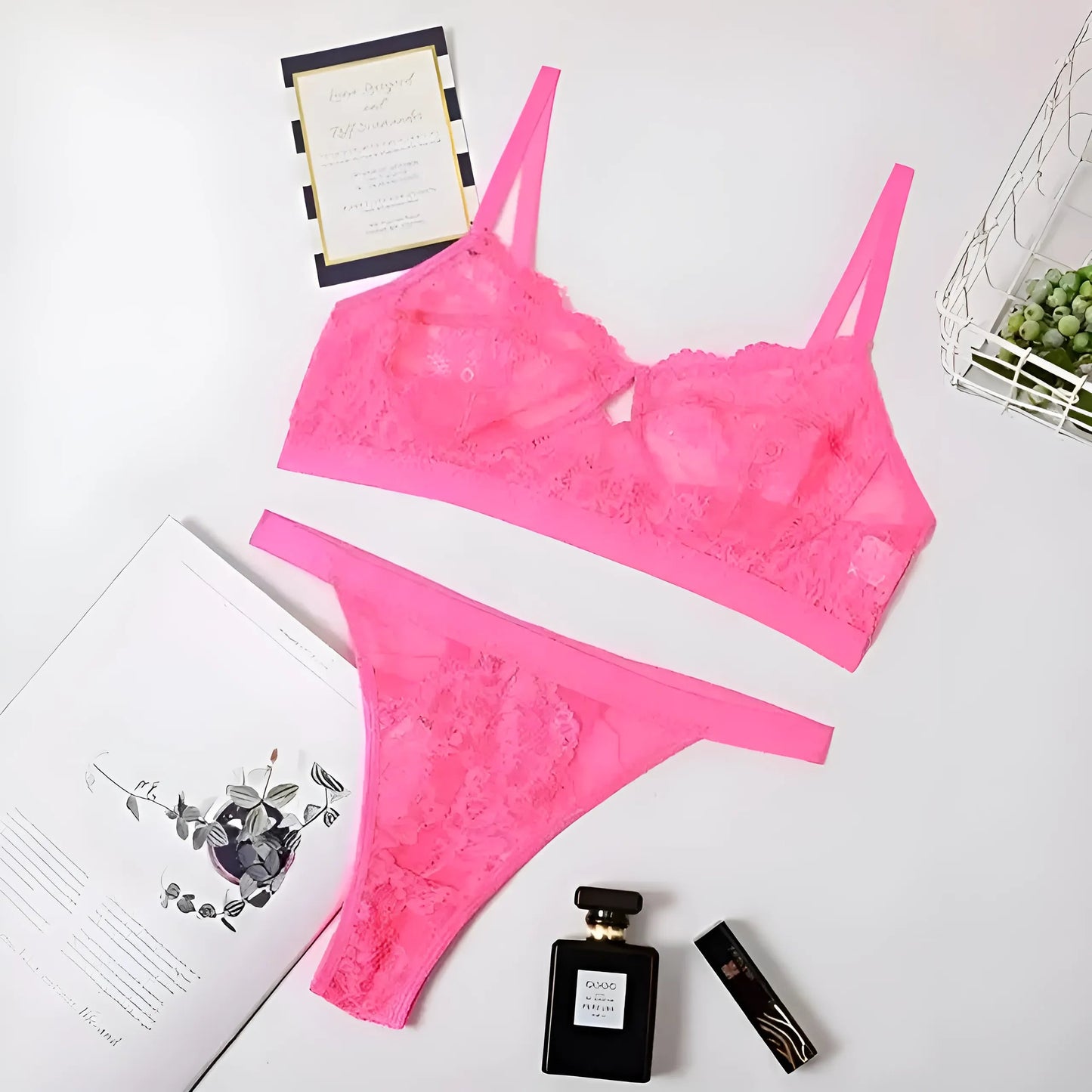 Pink Lace High-Waisted Lingerie Set