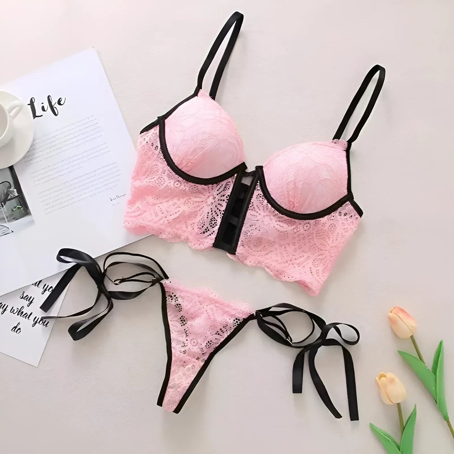 Pink Lace Lingerie Set with Black Accents