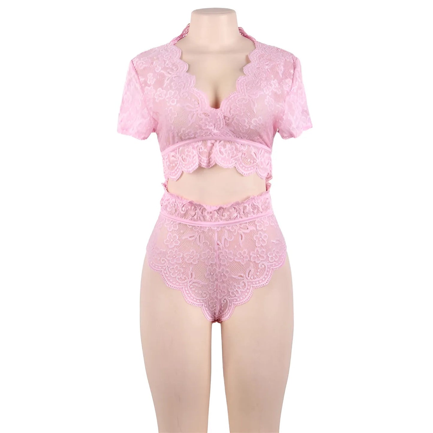 Pink Lace Lingerie Set with Covered Shoulders in Plus Sizes