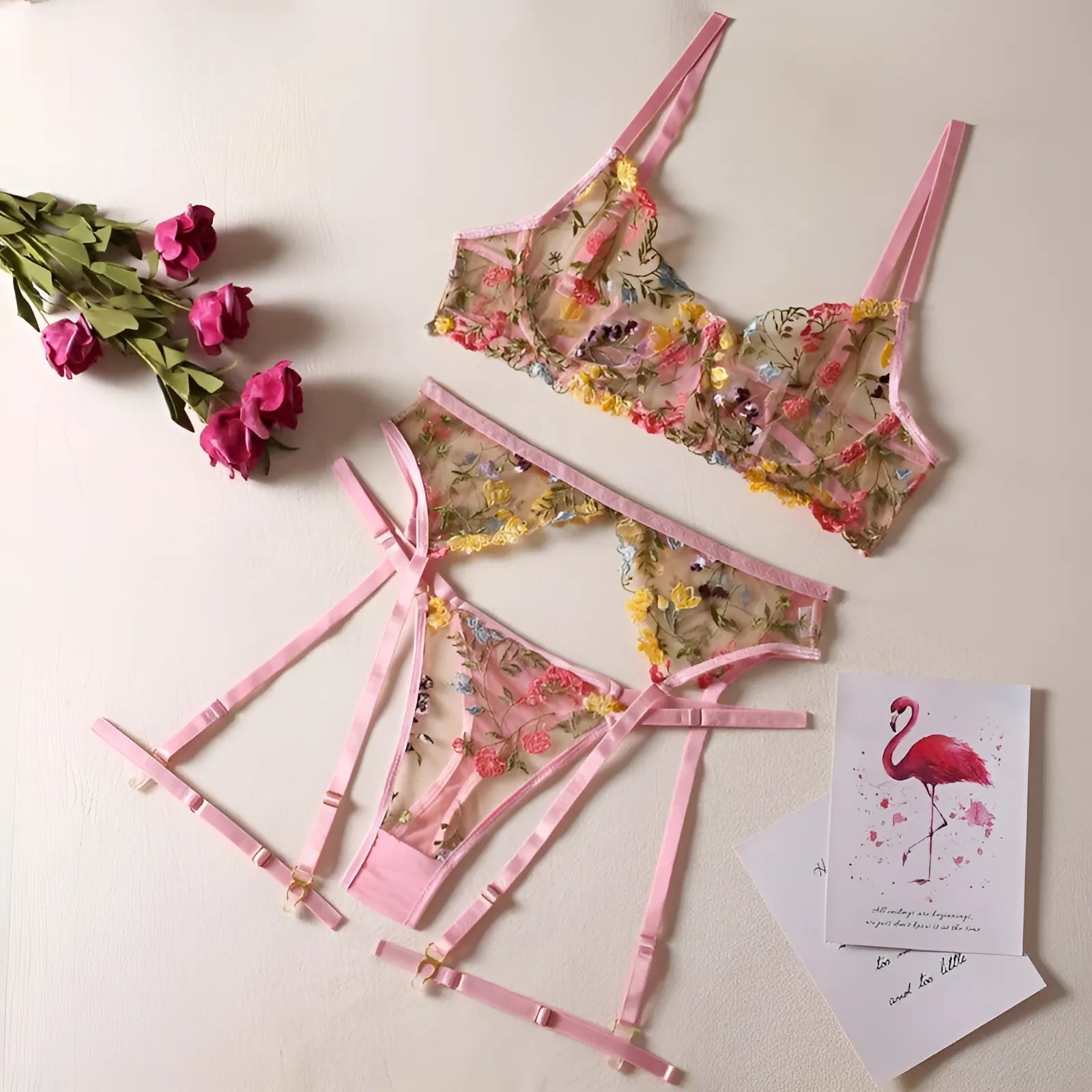 Pink Lace Lingerie Set with Embroidered Flowers